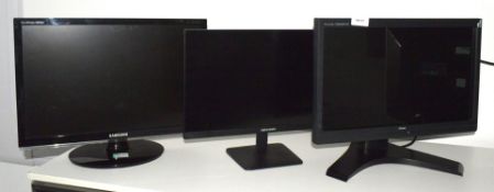 3 x Assorted Desktop Computer Monitors - Assorted Sizes - Brands Include Hikvision, Samsung