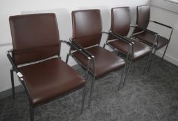 4 x Modern Chrome Office Chairs Featuring a Chocolate Brown Upholstery, Wrapped Armrests