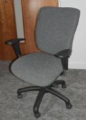 1 x Operators Office Swivel Chair Featuring Adjustable Arms, Dark Grey Upholstery, Castor Wheels and