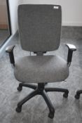 1 x Operators Office Swivel Chair Featuring Adjustable Arms, Dark Grey Upholstery, Castor Wheels