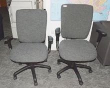 2 x Operators Office Swivel Chairs Featuring Adjustable Arms, Dark Grey Upholstery, Castor Wheels