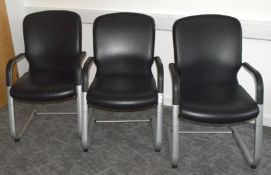 5 x Stackable Office Meeting Chairs Featuring Chome Cantilever Legs and Black Faux Leather
