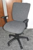 1 x Operators Office Swivel Chair Featuring Adjustable Arms, Dark Grey Upholstery, Castor Wheels