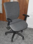 1 x Operators Office Swivel Chair Featuring Adjustable Arms, Dark Grey Upholstery, Castor Wheels