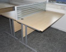 2 x Rectangular Office Workstation Desks Featuring a Glass Central Privacy Screen, Birch Wood