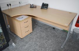 1 x Left Hand Corner Office Desk with Drawer Pedestal Features a Beech Finish with Grey Base