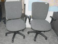 2 x Operators Office Swivel Chairs Featuring Adjustable Arms, Dark Grey Upholstery, Castor Wheels