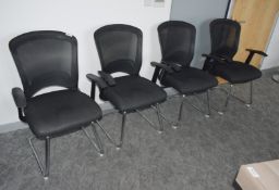 4 x Office Meeting Chairs Features Breathable Mesh Backs, Armrests, Black Cushioned Seats and Chrome