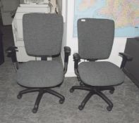 2 x Operators Office Swivel Chairs Featuring Adjustable Arms, Dark Grey Upholstery, Castor Wheels