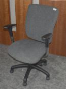 1 x Operators Office Swivel Chair Featuring Adjustable Arms, Dark Grey Upholstery, Castor Wheels and