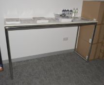 1 x High Leg Rectangular Breakout Table Workstation Featuring Chrome Legs Supporting a White Worktop