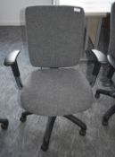 1 x Operators Office Swivel Chair Featuring Adjustable Arms, Dark Grey Upholstery, Castor Wheels