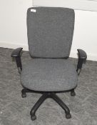 1 x Operators Office Swivel Chair Featuring Adjustable Arms, Dark Grey Upholstery, Castor Wheels