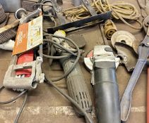 1 x Contents Of Workbench Including Assorted Power Tools and Boxes - Grinders, Saws, Polisher & More