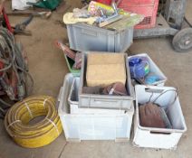 Job Lot Including Tarpaulin, Disks, Gloves, Tools, Reel of Compressor Air Line, and Boxes with Rope