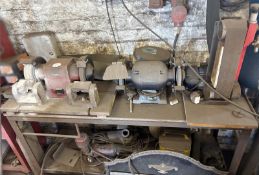 1 x Table with 2 x Bench Mounted Grinders, a Belt Sander, 9