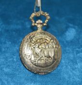 1 x Vintage Quartz Full Hunter ⌀5cm Pocket Fob Watch featuring Stag Relief Design in a Brass Tone