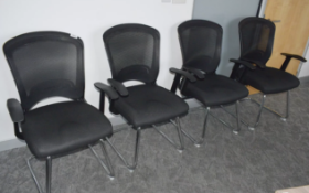 4 x Office Meeting Chairs Features Breathable Mesh Backs, Armrests, Black Cushioned Seats and Chrome