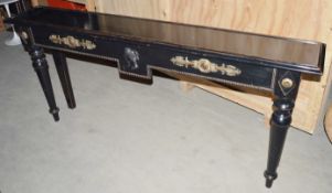 1 x Vintage 19th Century-style Black Lacquered Console Table with Gilt Ormolu Decorations