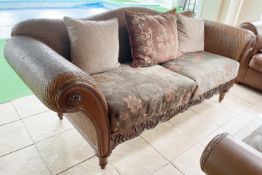1 x Vintage 2.1-Metre Long Basket Weave Sofa wth Carved Woo0den Details and Upholstered Seat