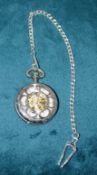 1 x Vintage Hand Wind Skeletop Roman Pocket Fob Watch in a Silver Tone with Chain - See