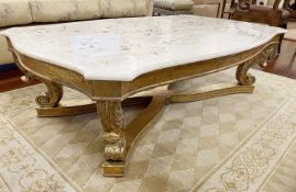 1 x Carved Wood Coffee Table with a Marbled Inlay Top and a Gold Lustre Finish  - Ref: AAS105 /