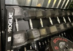 24 x Rogue KG Rubber Hex Dumbbell Weights with Storage Rack - Includes 2.5kg to 60kg Dumbbells