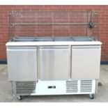 1 x Commercial 3 Door Pizza Prep Saladette Fridge with Glass Top and Rear Counter - Refrigerated