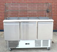 1 x Commercial 3 Door Pizza Prep Saladette Fridge with Glass Top and Rear Counter - Refrigerated