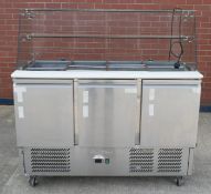 1 x Commercial 3 Door Pizza Prep Saladette Fridge with Glass Top and Rear Counter - Refrigerated