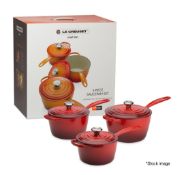 Set Of 3 x LE CREUSET Enamelled Cast Iron Signature Saucepans In Cerise - Inc.16, 18 & 20cm Sizes