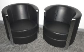 2 x Spaceoasis Modern Exectutives Leather Barrel Tub Chairs with a Polished Chrome Trim - Black Leat