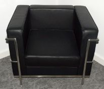 1 x Le Corbusier LC2 Replica Lounge Chair Featuring Black Leather Upholstery and Chrome Frame