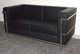 1 x Le Corbusier LC3 Replica Sofa Featuring Black Leather Upholstery and Chrome Frame
