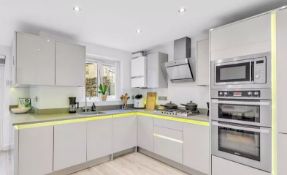 1 x Modern Handleless Fitted Kitchen in Light Grey, with Stone Worktops and Vibrant LED Lighting