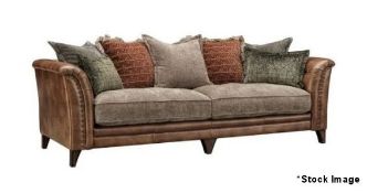 1 x Savannah Luxury 4-Seater Sofa - Upholstered in a Premium Leather and 'Roaming Grasslands' Fabric