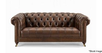 1 x Buckingham 3.5 Seater Leather Upholstered Chesterfield Sofa in a Vintage Cognac Finish -