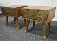 Pair of DUTCH IMPORTS Stylish Embossed Leaves Brass Fronted Wooden Bedside Tables with 1-Drawer