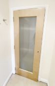 1 x Heavy Duty Internal Timber Door With Full Height Frosted Glazed Panel, Complete With Ironmongery