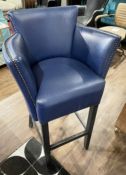 Pair of DEN LIVING Bespoke Button-Back Studded Faux Leather Upholstered Bar Stools with Arms in Blue