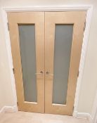 1 x Pair Of Double Heavy Duty Internal Timber Doors With Full Height Frosted Glazed Panel,