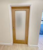1 x Heavy Duty Internal Timber Door With Full Height Frosted Glazed Panel, Complete With Ironmongery
