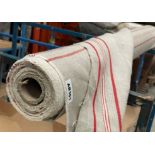1 x 6 Metre Roll Of Designer Natural Linen-Style Upholstery Fabric With Red Ticking Stripe - Ref: