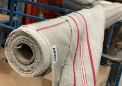1 x 6 Metre Roll Of Designer Natural Linen-Style Upholstery Fabric With Red Ticking Stripe - Ref: