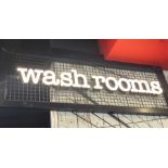 1 x Industrial Style Framed Mesh Wash Room Sign with White Neon Style Lettering - Large Size