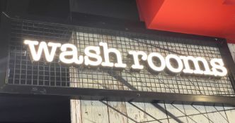 1 x Industrial Style Framed Mesh Wash Room Sign with White Neon Style Lettering - Large Size