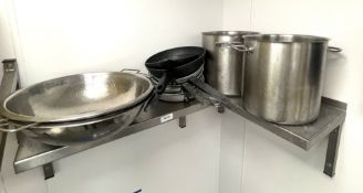 1 x Wall Mounted Stainless Steel Corner Shelf with a Collection of Cooking Pans