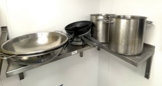 1 x Wall Mounted Stainless Steel Corner Shelf with a Collection of Cooking Pans