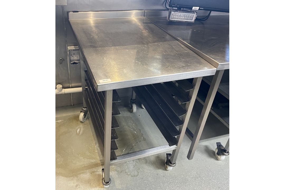 1 x Stainless Steel Prep Table on Castors with Six Tray Holders - Image 1 of 4