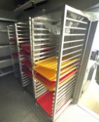4 x Stainless Steel Upright Tray Holder with Assorted Food Trays nad Castor Wheels